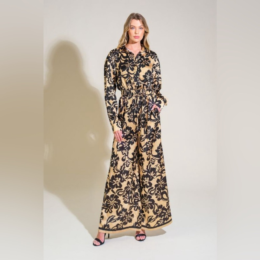 Floral Print Long Sleeve Wide Leg Jumpsuit in Beige and Black